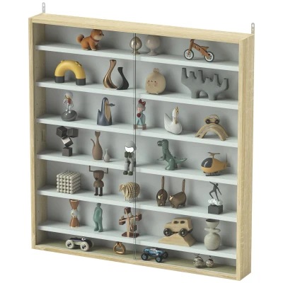HOMCOM 7-Tier Display Cabinet, Shot Glass Display Case, Glass Curio Cabinet with 2 Glass Doors, Oak and White