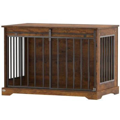 PawHut 100 cm Dog Crate Furniture with Sliding Barn Door for Large Breeds, Rustic Brown