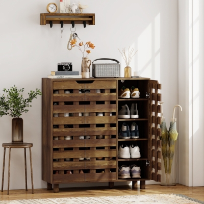 HOMCOM Shoe Cabinet, 17-20 Pairs Shoe Storage Cabinet with Hollowed-Out Doors, Distressed Brown