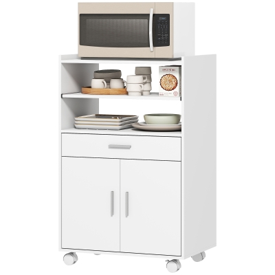 HOMCOM Microwave Cart with Wheels, Microwave Stand with Worktop, Open Shelves and Drawer, Storage Cabinet, White