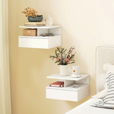 HOMCOM Floating Nightstand Set of 2, Wall Mounted Bedside Table with with Power Outlets, Drawer and Shelf, White