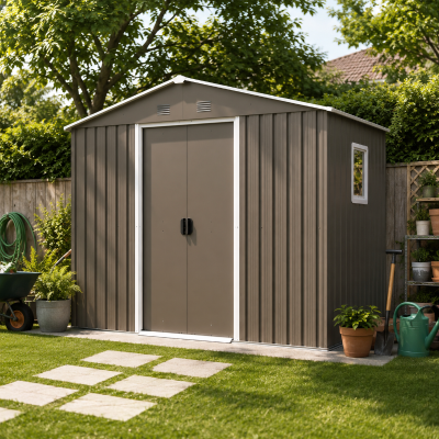 8 x 4 ft Outdoor Metal Storage Shed with Pad-lockable Sliding Doors, Storage Hut with Galvanized Steel Panels, 93'' L x 51.5'' W x 75'' H, Gray