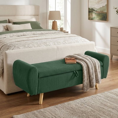 HOMCOM Storage Ottoman, 59" Corduroy End of Bed Storage Bench for King Size Bed with Wooden Legs and Rolled Arms, Dark Green