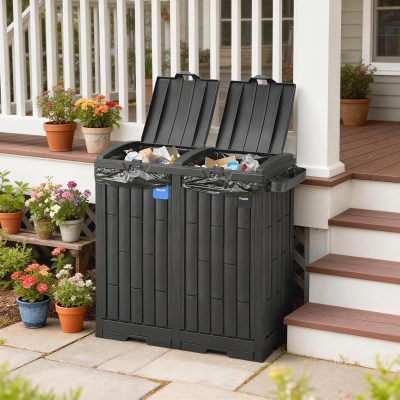 Outsunny 58 Gallon Double Outdoor Garbage Bin with Dual Lid, Plastic Outdoor Waste Trash Can with Ash Holder and Drip Trays
