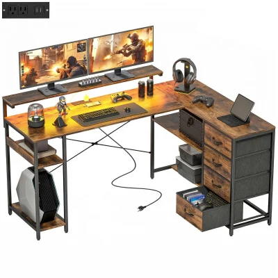 HOMCOM Gaming Desk with Power Outlets LED Lights Computer Desk with Drawers Monitor Stand 61" Rustic Brown