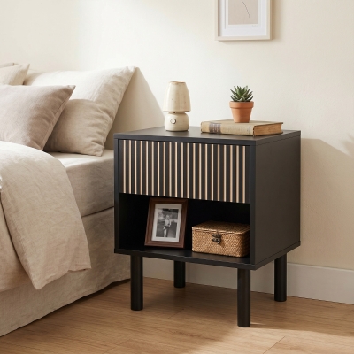 HOMCOM Modern Bedside Table with Drawer and Open Shelf, Sofa Side Table for Bedroom Living Room, Black