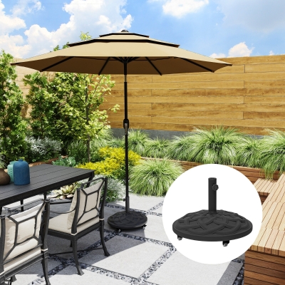 Outsunny Round Patio Umbrella Base with Wheels, 44 lbs Resin Umbrella Stand Base, 1.3"/1.5"/1.9" Umbrella Poles Black