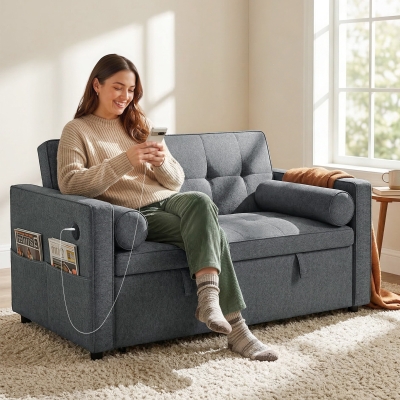 HOMCOM Pull Out Sofa Bed, Sleeper Sofa Couch with USB Ports, Small Linen Loveseat Futon Couch for Living Room, Dark Grey