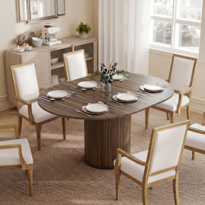 HOMCOM Extendable Kitchen Table for 6-8, 43.5"-59" Farmhouse Dining Table with Pedestal Base Walnut Wood Grain