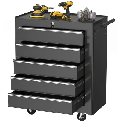 HOMCOM Rolling Tool Chest, 5-Drawer Lockable Tool Cabinet with 4 Wheels, Handle, Toolbox Storage Organizer for Garage, Workshop, Repair Shop, Black