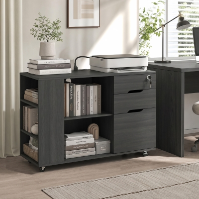 HOMCOM Filing Cabinet with Power Outlets File Cabinet Lockable Casters File Drawer Side Cubbies Black Wood Grain