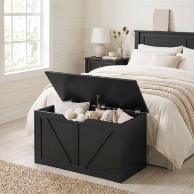 HOMCOM 31.5 Inches Storage Chest, Storage Trunk with Safety Hinge for Living Room, Black Wood Grain