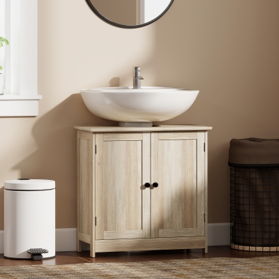 HOMCOM Bathroom Vanity, 24" Pedestal Sink Bathroom Vanity Furniture with 2 Doors and Shelf, Grey Wood Grain