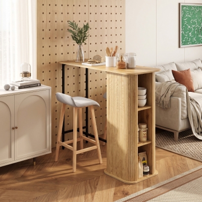 HOMCOM Tambour Bar Height Table with 3 Storage Shelves Rectangular Bar Table with Metal Frame for Kitchen Dining Room Natural