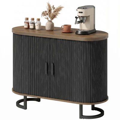 HOMCOM Sideboard Buffet Cabinet with Curved Tambour Doors, Thick Tabletop and Arc Metal Legs Brown and Black