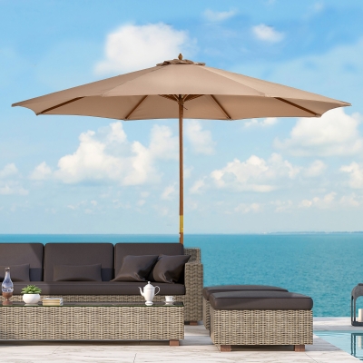 Outsunny 10' x 8' Wooden Patio Umbrella, Garden Parasol, Outdoor Sunshade Canopy with Bamboo Rib for Outdoor, Khaki