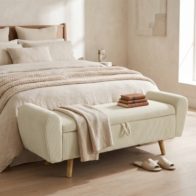 HOMCOM Storage Ottoman, 59" Corduroy End of Bed Storage Bench for King Size Bed with Wooden Legs and Rolled Arms, Beige