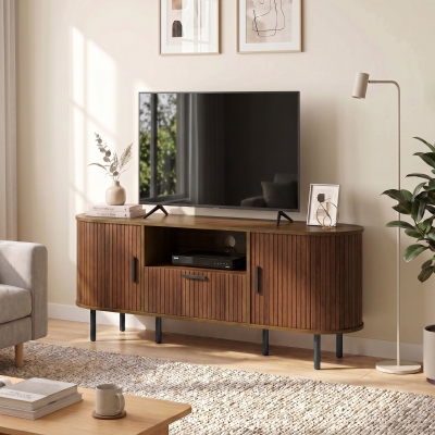 HOMCOM TV Stand for TVs up to 60", Modern Entertainment Center with Curved Sliding Doors and Storage, Brown