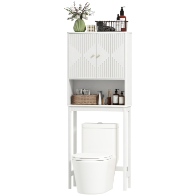 HOMCOM Over The Toilet Storage Cabinet with Adjustable Shelf, Open Shelf and Adjustable Bottom Bar, White