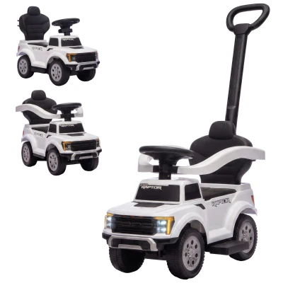 Qaba 3 In 1 Licensed Ford Kids Push Car with Push Handle, Horn, Sound, Secure Bar, Storage, for Toddlers 18-36 Months, White