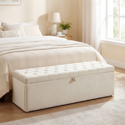HOMCOM Storage Ottoman, Upholstered Velvet End of Bed Bench, Button Tufted Storage Bench for Bedroom, Living Room, Beige