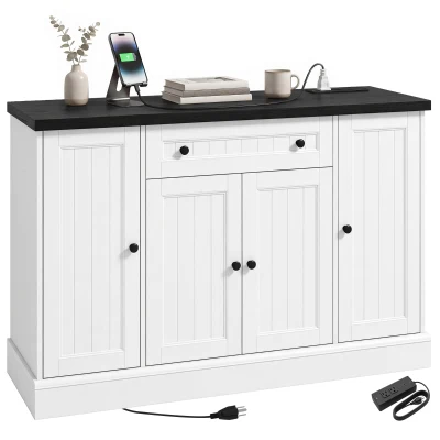 HOMCOM 47" Farmhouse Sideboard Buffet Cabinet with Charging Station, Coffee Bar Cabinet with 3 Adjustable Shelves, White
