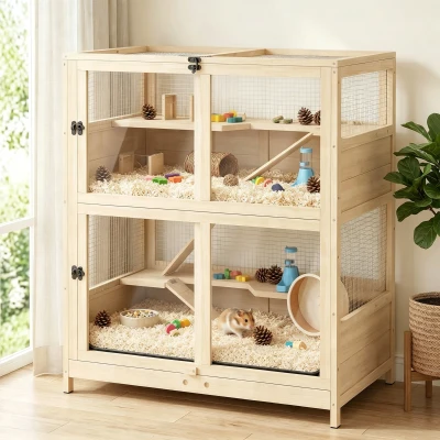 PawHut 4-Tier Wooden Hamster Cage with Mesh Roof & Pull-Out Tray