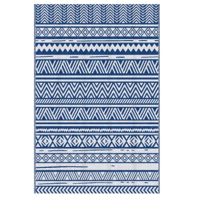 Outsunny Reversible Outdoor Rug, Patio Floor Mat, 6'x9' Plastic Straw Rug for Backyard Deck, Beach, Camping, Dark Blue and White