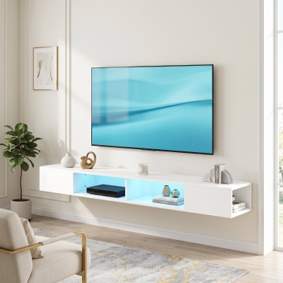 HOMCOM TV Stand with RGB LED Lights, Entertainment Center with Open Shelves for 75 Inch TV, White