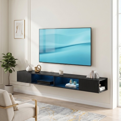 HOMCOM TV Stand with RGB LED Lights, Entertainment Center with Open Shelves for 75 Inch TV, Black Wood Grain