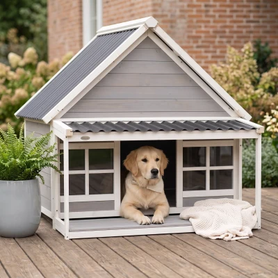 PawHut Wooden Dog House with Porch, Tilt Roof for Large Dogs