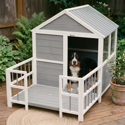PawHut 61" Wooden Outdoor Dog House with Porch & Elevated Base
