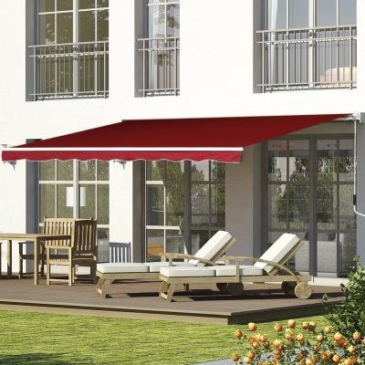 Outsunny 8'x7' Patio Awning Manual Retractable Sun Shade Outdoor Deck Canopy Shelter, Wine Red