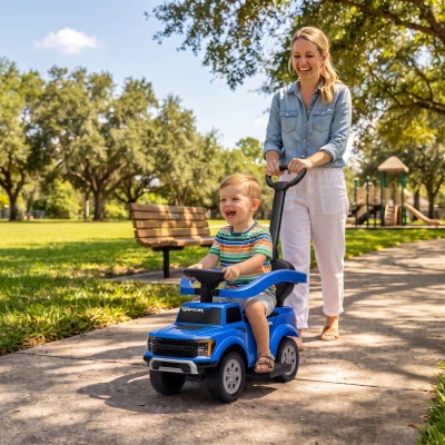 Qaba Ford Kids Push Car 3-in-1 with Handle, Sound, Bar, Blue