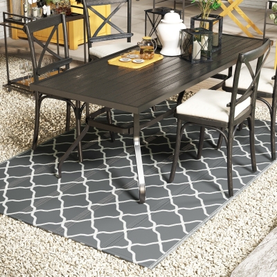Outsunny Waterproof  Outdoor Rug, 6' x 9' RV Rug Reversible Mat for Backyard, Deck, Picnic, Beach, Camping, Grey & White Net