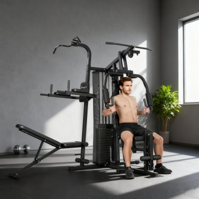 Soozier All-in-One Multi Home Gym Machine Workout Station with Weight Stack and Pulley System for Full Body Training, Black