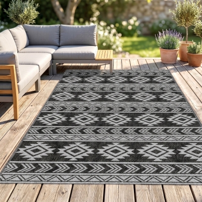 Outsunny Reversible Outdoor RV Rug, Patio Floor Mat, 6' x 9' Plastic Straw Rug for Backyard, Deck, Beach, Camping, Black & Grey