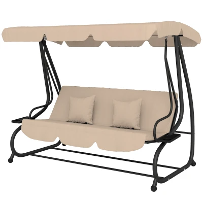 Outsunny 3-Seat Outdoor Patio Swing Chair, 2-in-1 Convertible Flat Bed, Canopy Swing with Adjustable Shade, Removable Cushions, Cup Holder, Light Brown