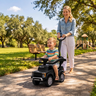 Qaba 3 In 1 Licensed Ford Kids Push Car with Push Handle, Horn, Sound, Secure Bar, Storage, for Toddlers 18-36 Months, Black