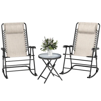 Outsunny 3pc Patio Rocking Chair Set, Folding Outdoor Rocking Chairs and Table Bistro Set w/ Breathable Mesh Seat & Backrest, Headrest for Park, Backyard, Garden, Cream White
