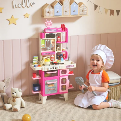 Qaba Pretend Play Kitchen Set with 104PCS Accessories, Pink