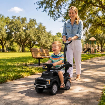 Qaba Ford Kids 3-in-1 Push Car with Handle, Horn, Storage, Black