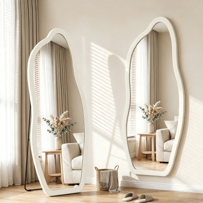 HOMCOM Standing Mirror, 63" x 23.6" Full Length Mirror with Velvet Padded Frame and Arched Top, Cream White