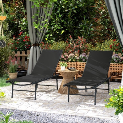 Outsunny 2 Pieces Folding Outdoor Lounge Chairs, Reclining Chaise Lounge Tanning Chair w/ Adjustable Back, Mesh Seat, Black