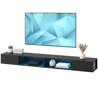 HOMCOM TV Stand with RGB LED Lights, Entertainment Center with Open Shelves for 75 Inch TV, Black Wood Grain