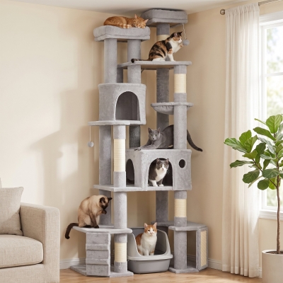 PawHut 79" Tall Cat Tree for Indoor Large Cats Adult with Split Baseboard, 2 Cat Condos, 2 Beds, 5 Sisal Scratching Posts