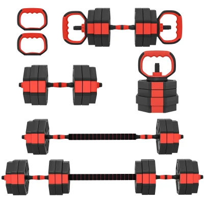 Soozier 6-in-1 Adjustable Dumbbell Set, Used as Kettlebell, Barbell, Dumbbell, Push-Up Stand, 55lbs Free Weights Set, Red