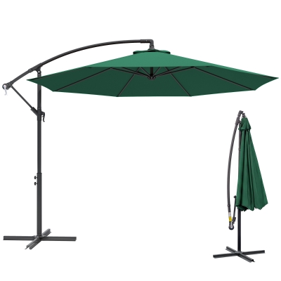 Outsunny 10' Deluxe Patio Umbrella, Outdoor Market Parasol, Banana Hanging Offset Sunshade with Crank, Cross Base, Dark Green