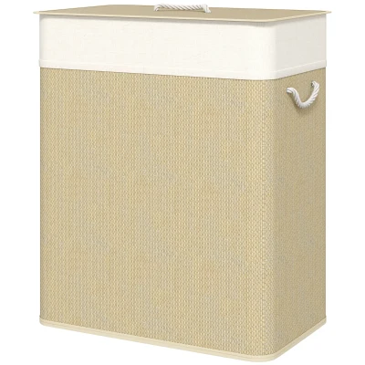 HOMCOM Double Laundry Basket with Lid, 100L Bamboo Laundry Hamper with Rope Handles and Removable Bags, Natural