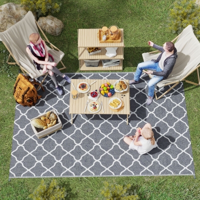 Outsunny Waterproof  Outdoor Rug, 6' x 9' RV Rug Reversible Mat for Backyard, Deck, Picnic, Beach, Camping, Grey & White Net